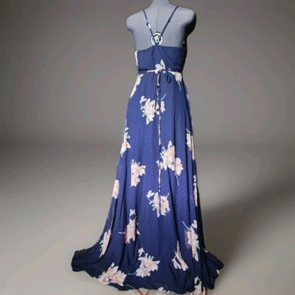 Lulus Dress Womens Medium Wrap Navy Blue Dot Floral High Low Chiffon NEW